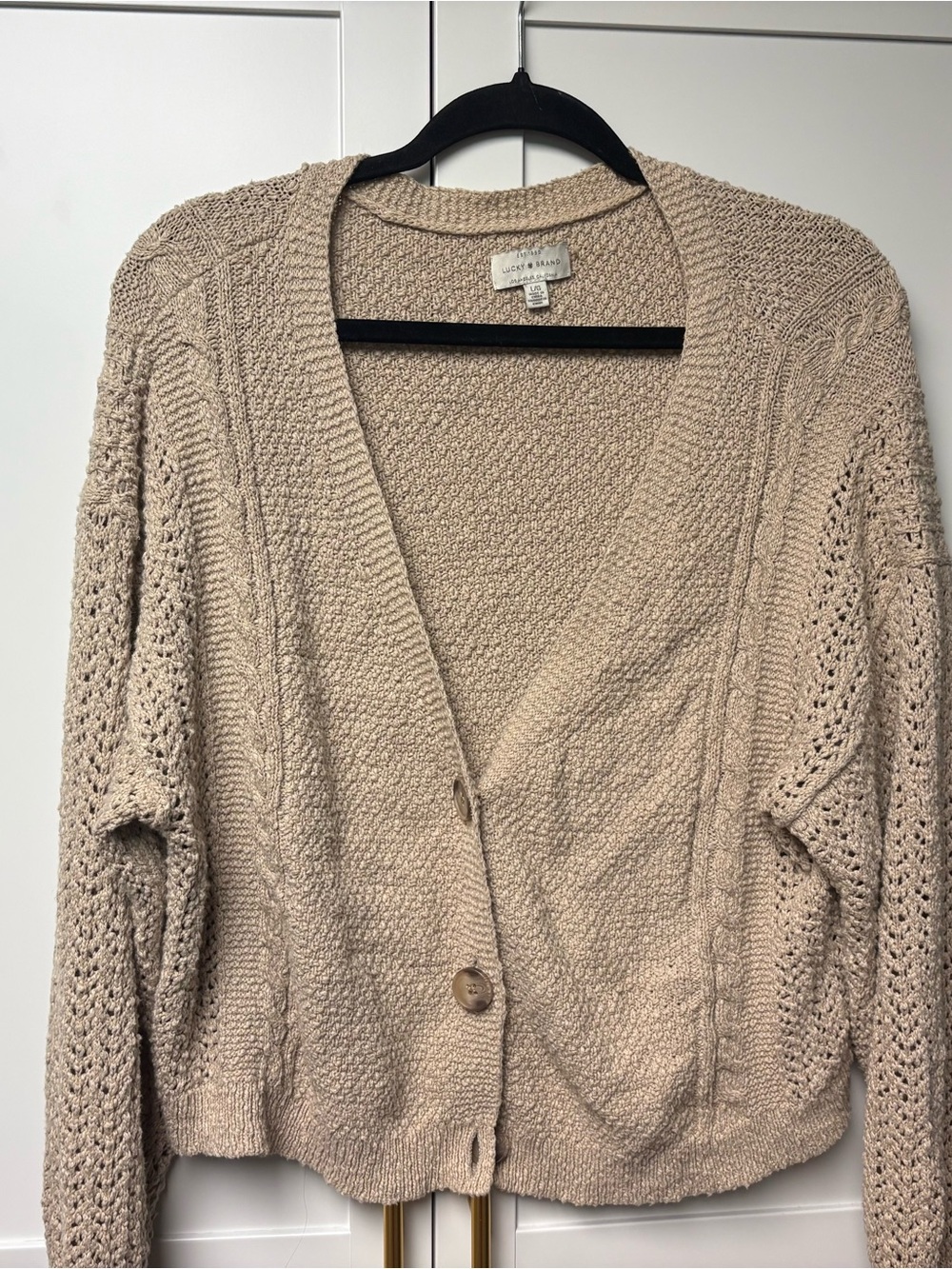 Cozy Knit tan woman’s button sweater Size Large
